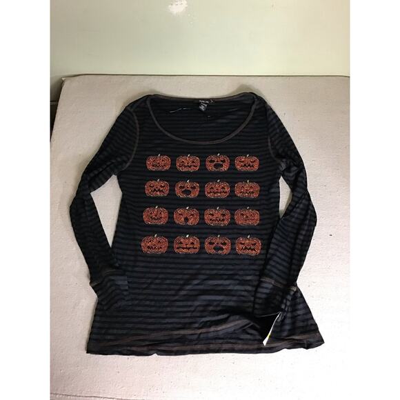 Style&Co. Women Ribbed Striped Jack-O-Lantern Halloween Shirt Sz.Med Black NWT - Picture 2 of 12